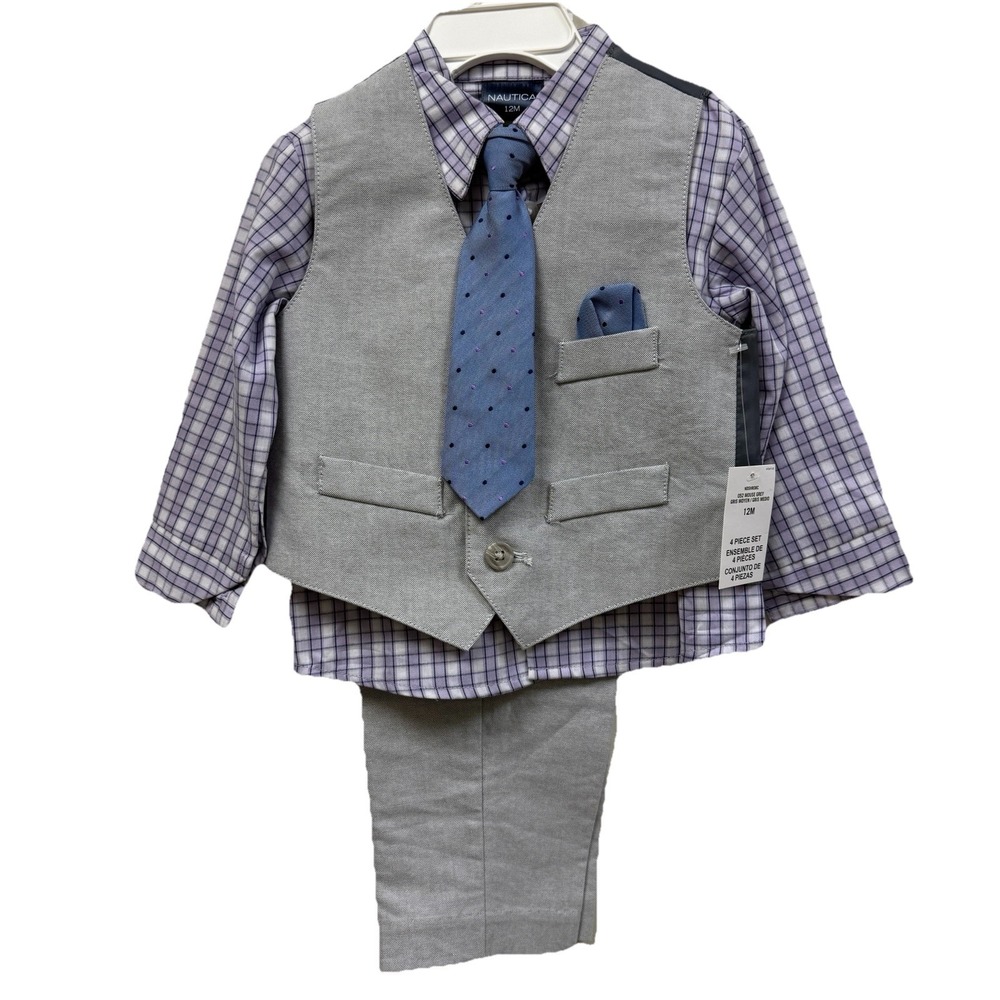NWT Nautica Baby Boys 4Pc Vest Suit Set Gray Purple With Tie Outfit 12M Formal
